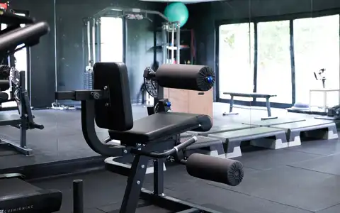 Home gym garden room with weights and mirror wall